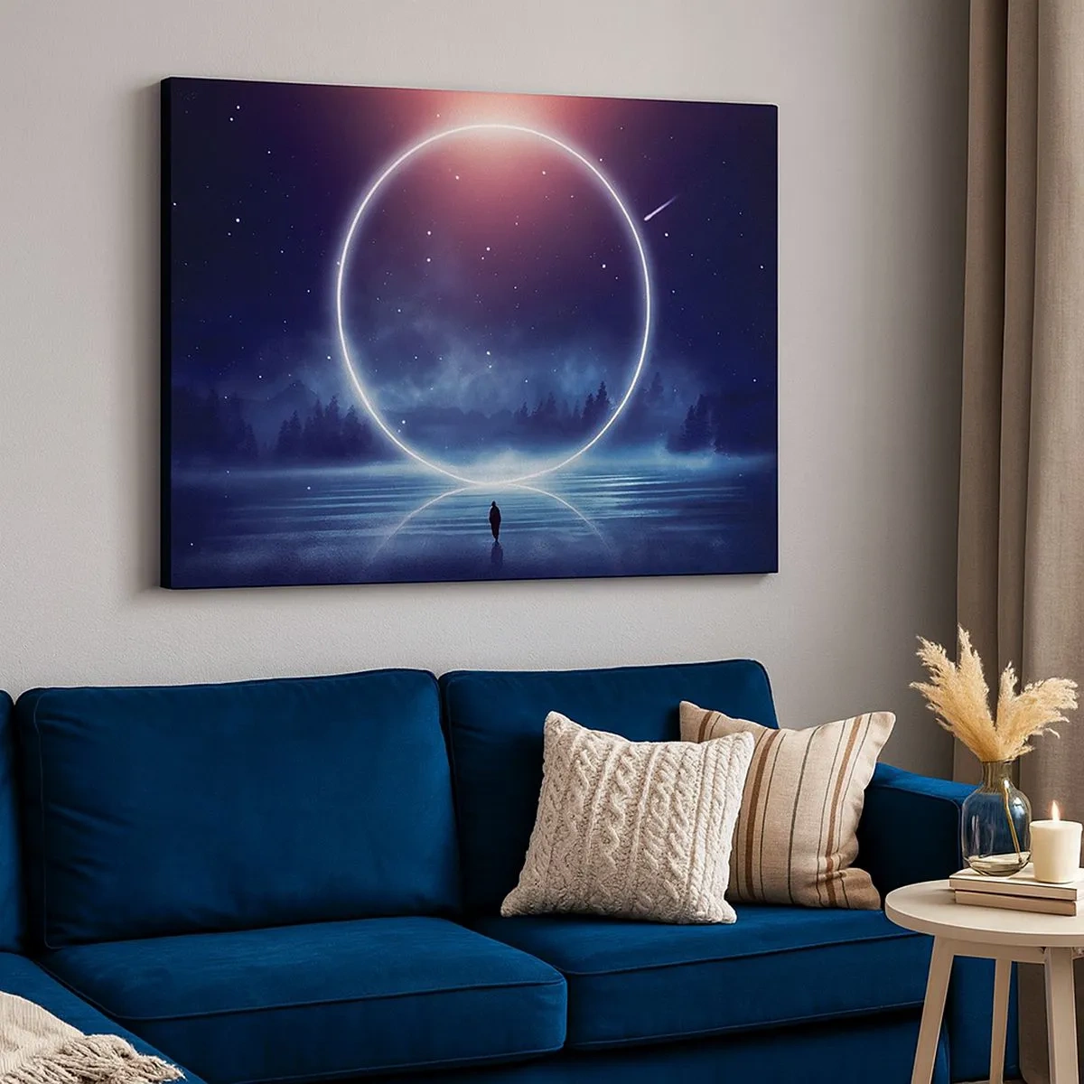 Impression sur toile - Image sur toile - Un paysage magique avec une silhouette et un cercle de lumière la nuit - 70x50cm - Ils sont déjà là... - Décoration murale moderne pour le salon et la chambre ARTTOR