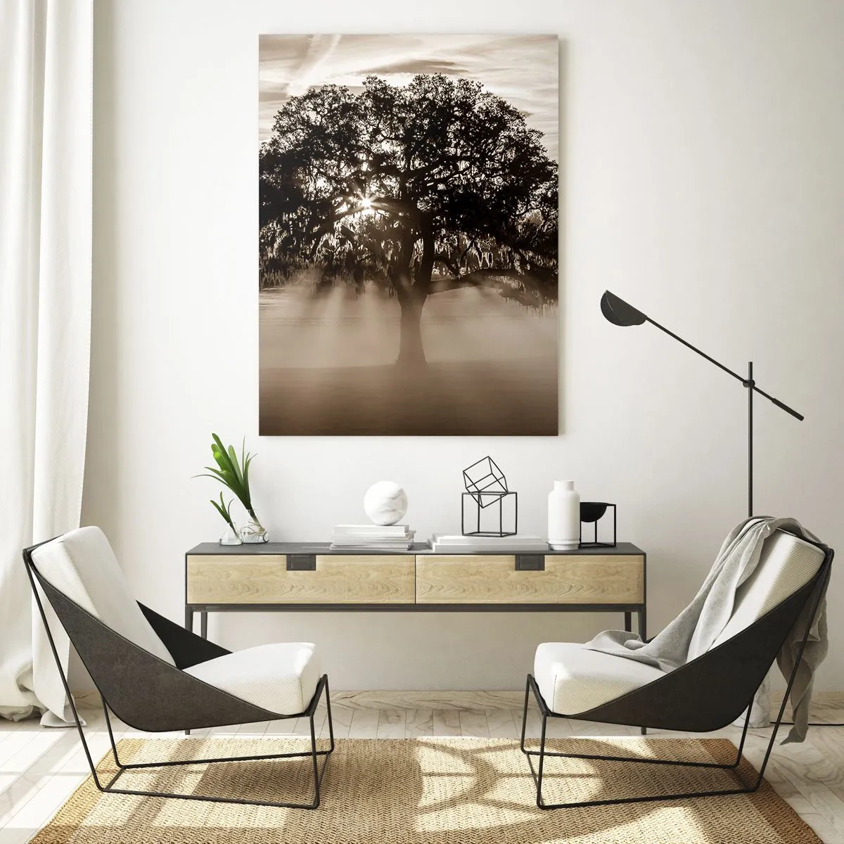 Impression sur verre - Image sur verre - Des rayons de soleil brillent à travers un arbre solitaire - 80x120cm - Arbre de bonnes nouvelles - Décoration murale moderne pour le salon et la chambre ARTTOR