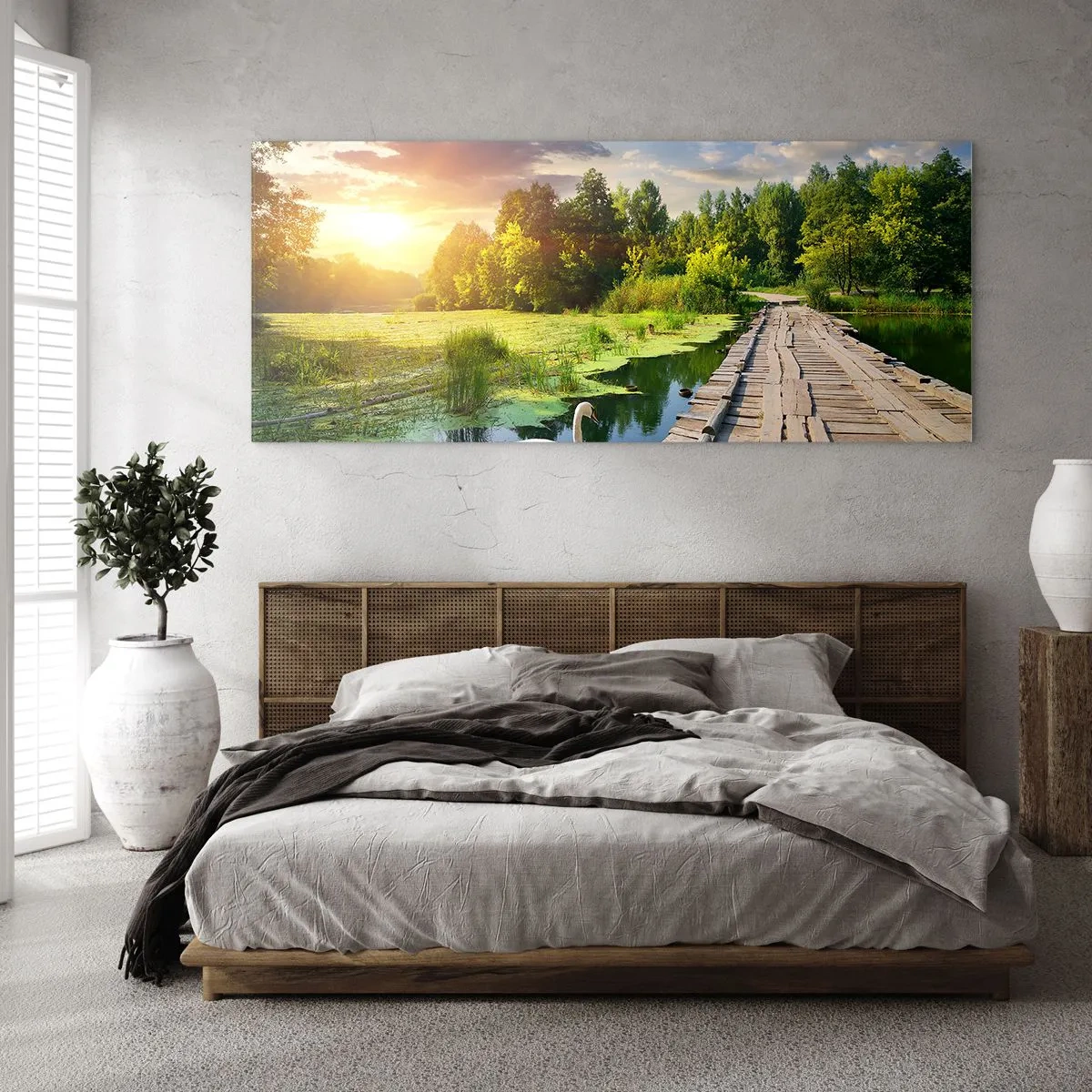 Impression sur verre - Image sur verre - Un paysage pittoresque avec un pont et un cygne - 140x50cm - L'été, l'été partout - Décoration murale moderne pour le salon et la chambre ARTTOR