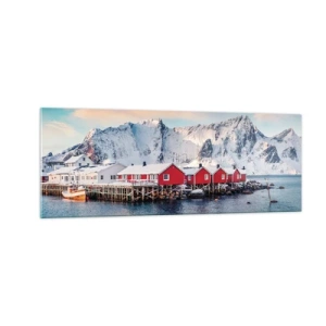 Impression sur verre - Image sur verre - Maisons rouges sur fond de montagnes enneigées et de mer bleue - 140x50cm - Retraite dans le nord - Décoration murale moderne pour le salon et la chambre ARTTOR