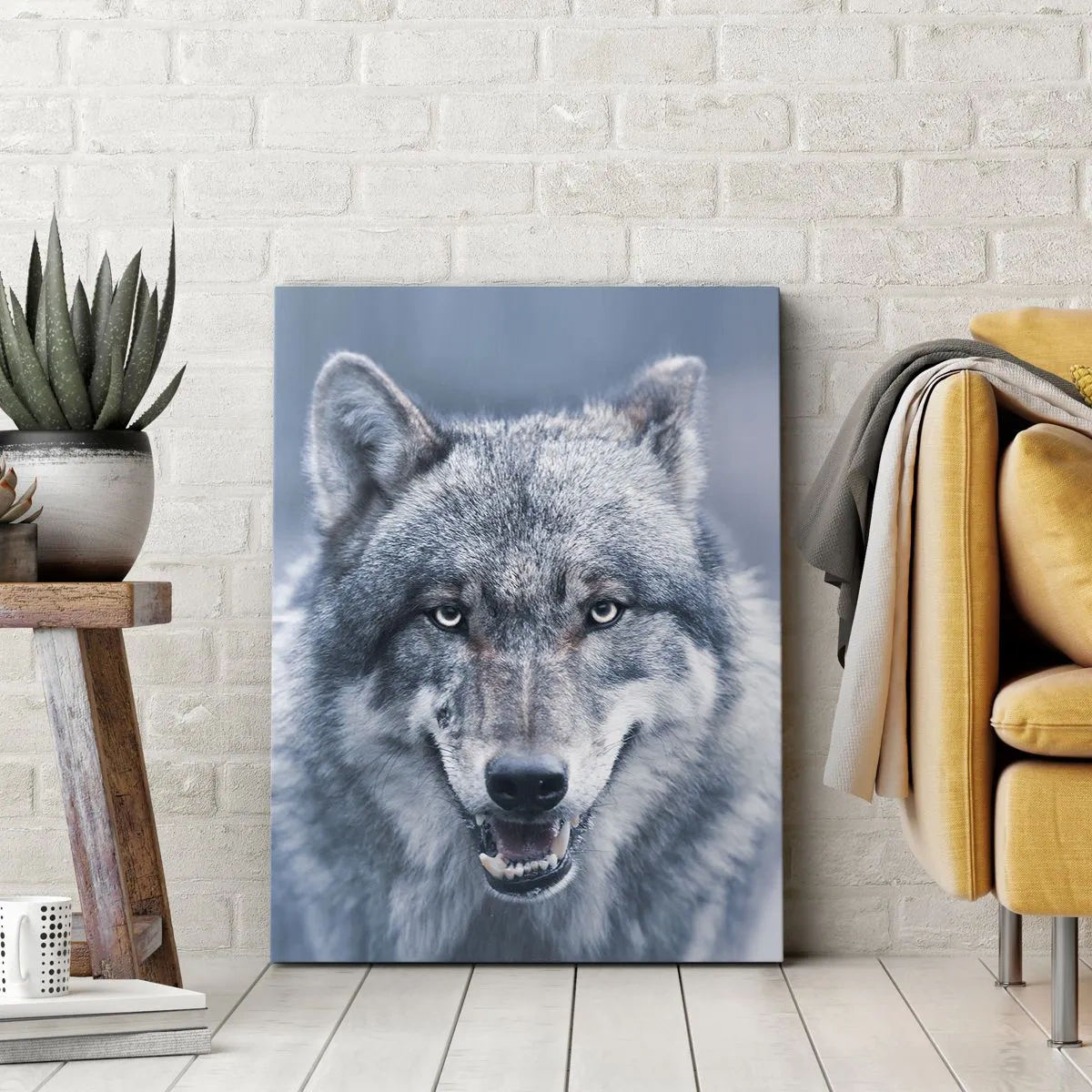 Impression sur toile - Image sur toile - Un loup au regard intense dans un paysage hivernal - 70x100cm - Relèverez-vous le défi ? - Décoration murale moderne pour le salon et la chambre ARTTOR