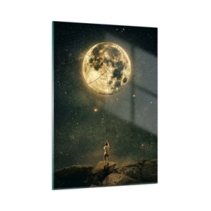 Impression sur verre - Image sur verre - Une figure sur un rocher tenant la lune, qui est piégée sur une corde. - 50x70cm - Celui qui a volé la lune - Décoration murale moderne pour le salon et la chambre ARTTOR