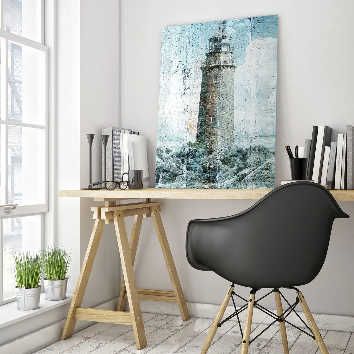 Impression sur verre - Image sur verre - Un phare sur une côte rocheuse aux couleurs pastel - 80x120cm - Sur du vieux bois - Décoration murale moderne pour le salon et la chambre ARTTOR