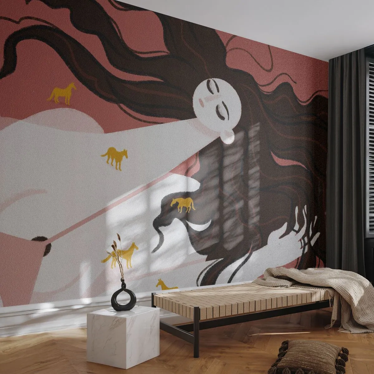 Papier Peint Autocollant Deluxe Sticker - Rêve d'un cheval d'or - Femme, Portrait, Minimalisme - 150x105 cm