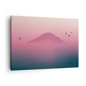 Impression sur toile - Image sur toile - Paysage minimaliste avec montagne et oiseaux au lever du soleil - 70x50cm - Des pèlerins au dessus des nuages - Décoration murale moderne pour le salon et la chambre ARTTOR