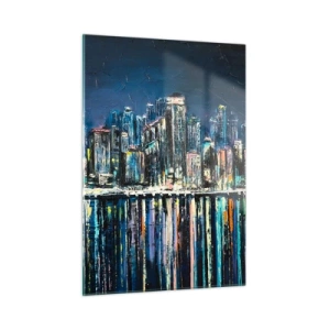 Impression sur verre - Image sur verre - Panorama de la ville la nuit avec les lumières se reflétant dans l'eau - 50x70cm - Cascade de lumières - Décoration murale moderne pour le salon et la chambre ARTTOR