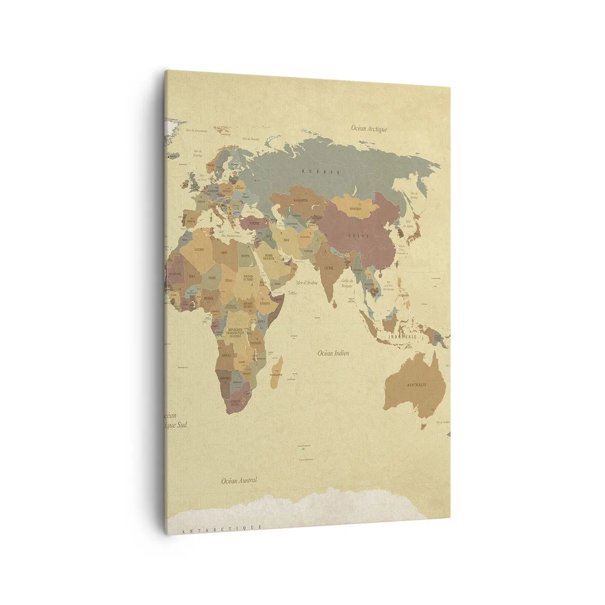 Impression sur toile - Image sur toile - Une carte du monde stylisée dans des tons de beige et de couleurs pastel. - 70x100cm - Pour vous - le monde entier - Décoration murale moderne pour le salon et la chambre ARTTOR