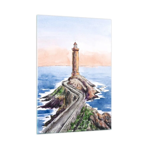 Impression sur verre - Image sur verre - Un phare sur un promontoire rocheux entouré d'une mer calme - 50x70cm - Face à la mer - Décoration murale moderne pour le salon et la chambre ARTTOR