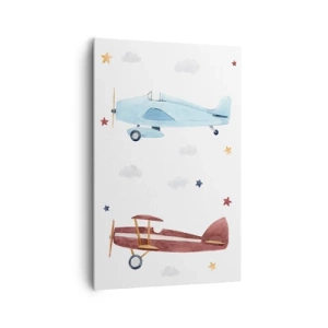 Impression sur toile - Image sur toile - Avions peints à la main sur fond de nuages et d'étoiles - 80x120cm - Monsieur le pilote, nous vous attendons ! - Décoration murale moderne pour le salon et la chambre ARTTOR