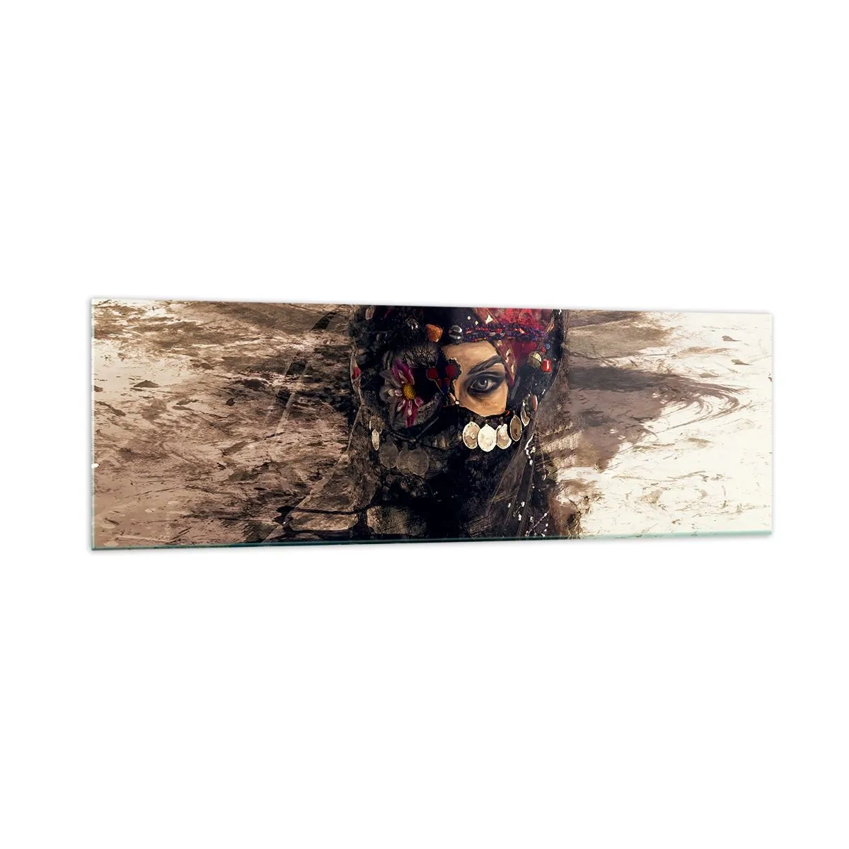 Impression sur verre - Image sur verre - Portrait artistique d'une femme en tenue orientale sur fond abstrait. - 160x50cm - Inquiétant, c'est le moins qu'on puisse dire - Décoration murale moderne pour le salon et la chambre ARTTOR