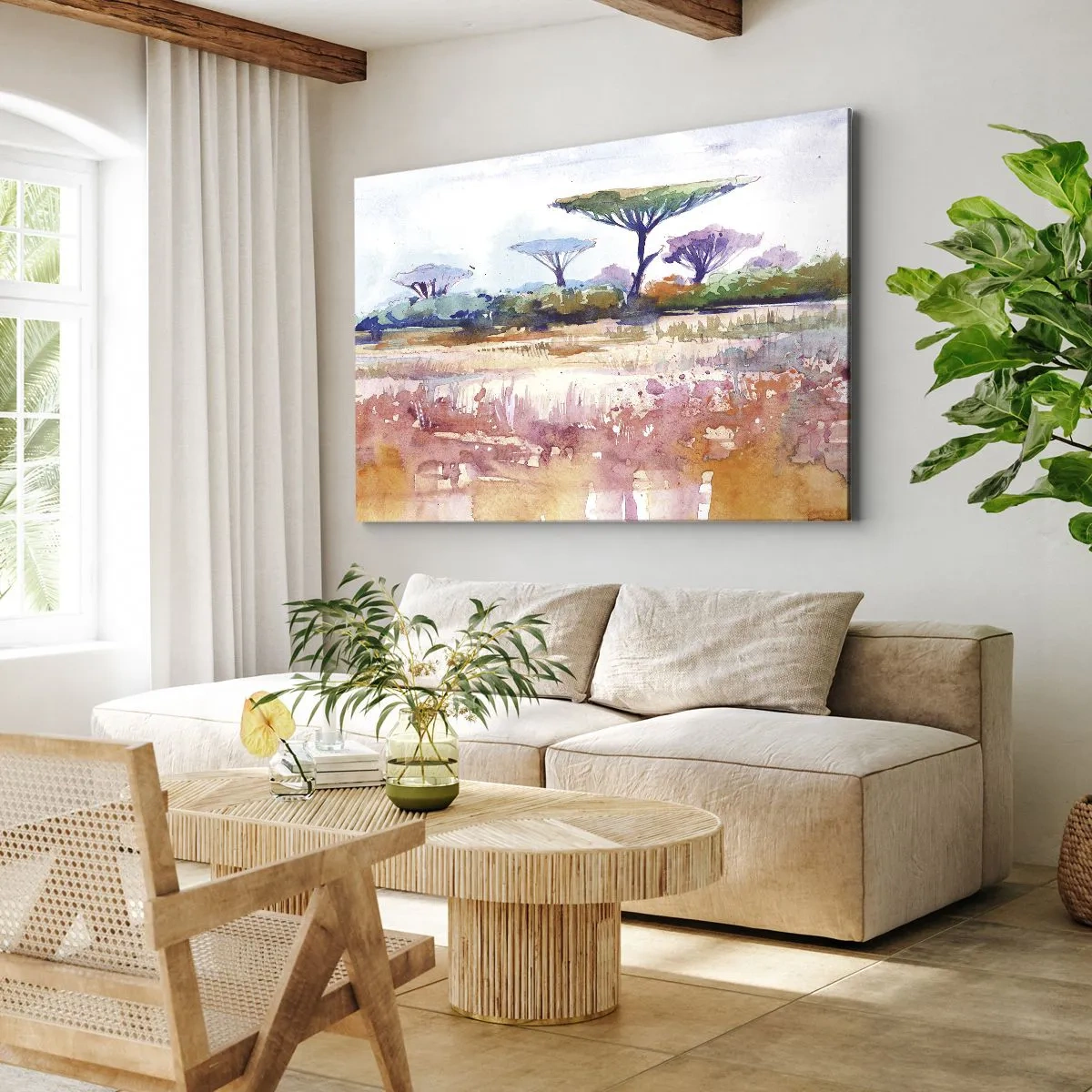 Impression sur toile - Image sur toile - Un paysage de savane pittoresque aux couleurs aquarelles - 70x50cm - Couleurs de savane - Décoration murale moderne pour le salon et la chambre ARTTOR