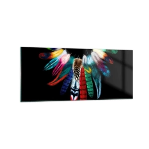 Impression sur verre - Image sur verre - Plumes colorées sur fond noir dans une composition artistique - 120x50cm - Collier indien - Décoration murale moderne pour le salon et la chambre ARTTOR