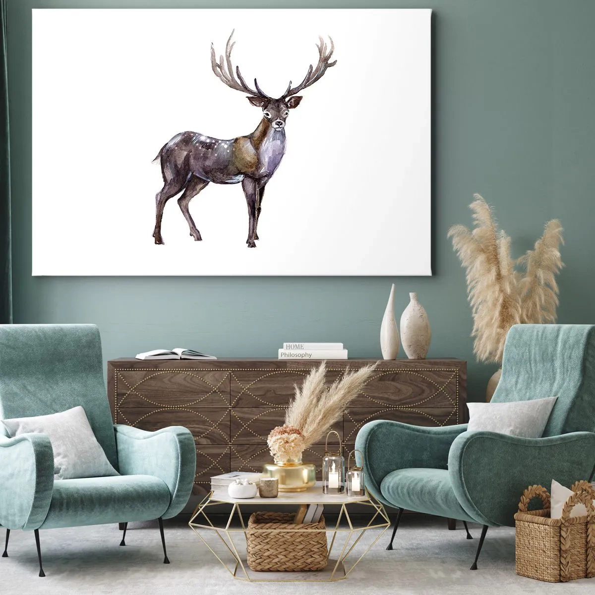 Impression sur toile - Image sur toile - Illustration à l'aquarelle d'un cerf aux bois majestueux - 120x80cm - Roi de la forêt du nord - Décoration murale moderne pour le salon et la chambre ARTTOR