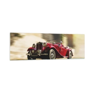 Impression sur verre - Image sur verre - Voiture classique rouge en mouvement dans une rue ensoleillée - 160x50cm - Plus belle que Nike de Samothrace - Décoration murale moderne pour le salon et la chambre ARTTOR