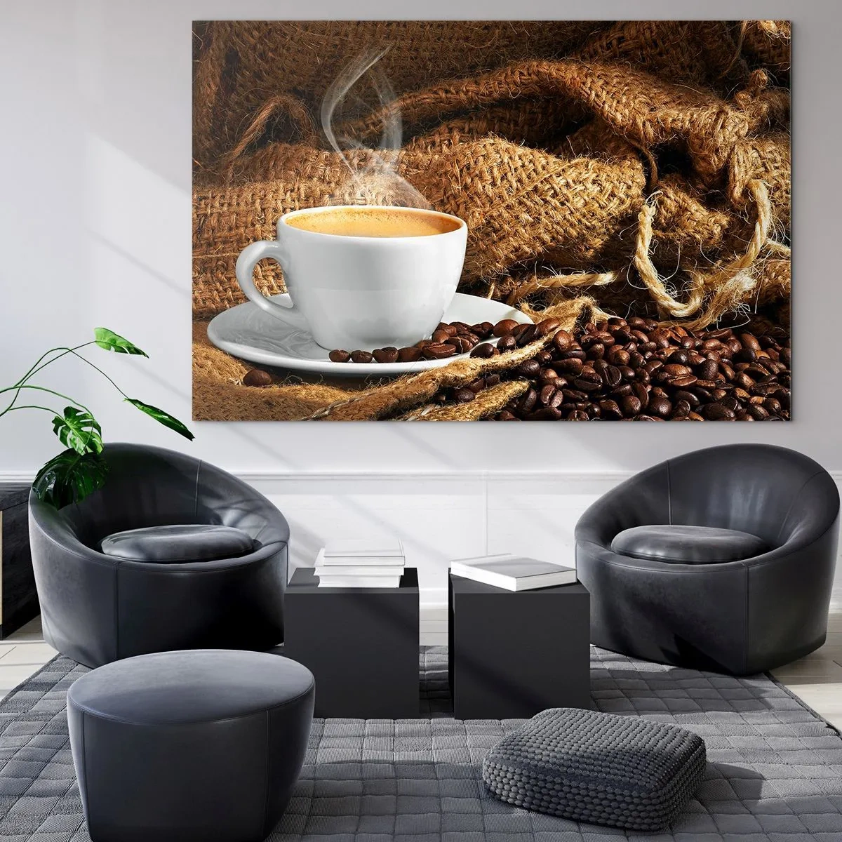 Impression sur verre - Image sur verre - Une tasse de café avec des grains sur un fond de jute - 70x50cm - L'odeur du moka et la densité du miel liquide - Décoration murale moderne pour le salon et la chambre ARTTOR