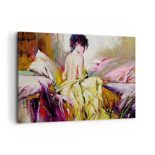 Impression sur toile - Image sur toile - Une scène picturale d'une femme sur un lit dans une atmosphère romantique - 120x80cm - Entre les lèvres et le bord de la tasse - Décoration murale moderne pour le salon et la chambre ARTTOR
