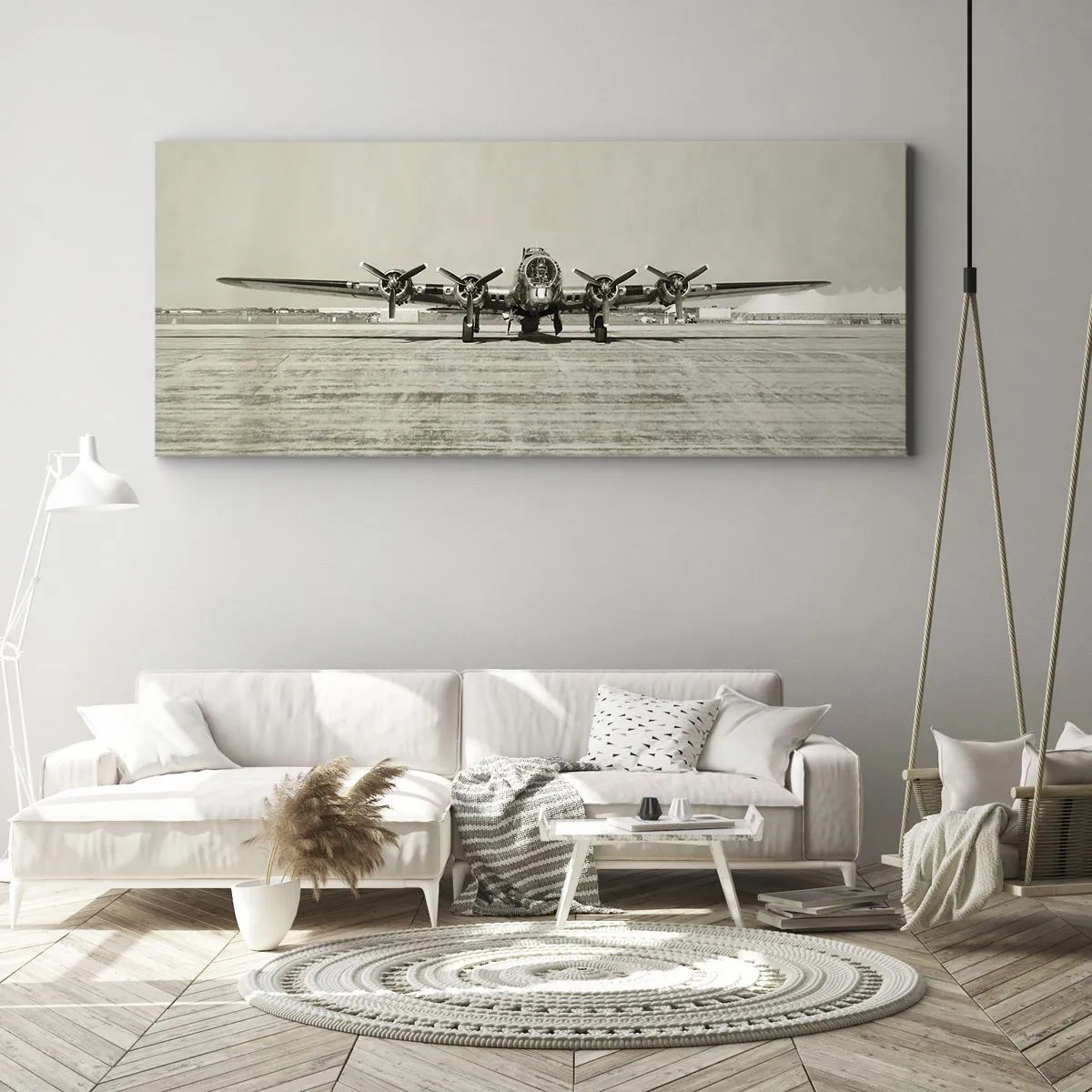 Impression sur toile - Image sur toile - Avion historique à l'aéroport en sépia - 120x50cm - Toujours prêt! - Décoration murale moderne pour le salon et la chambre ARTTOR