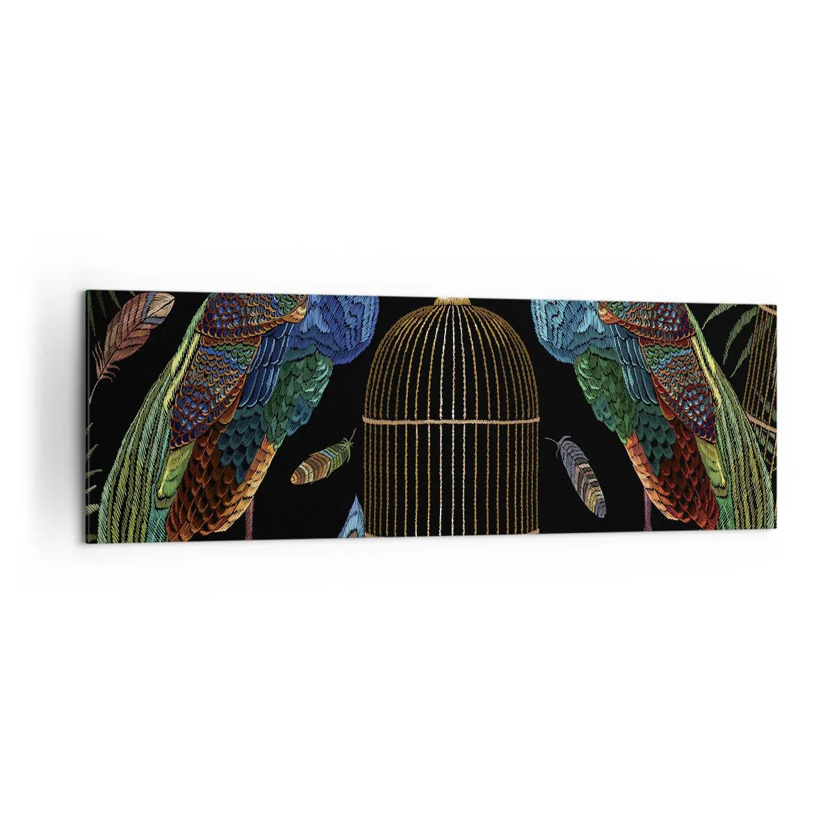 Impression sur toile - Image sur toile - Paons à côté d'une cage dorée sur fond noir - 160x50cm - En robes royales - Décoration murale moderne pour le salon et la chambre ARTTOR