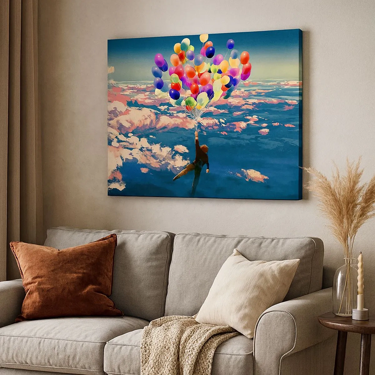 Impression sur toile - Image sur toile - Une silhouette flottant au-dessus des nuages avec des ballons colorés - 70x50cm - Un rêve d'enfant devenu réalité - Décoration murale moderne pour le salon et la chambre ARTTOR