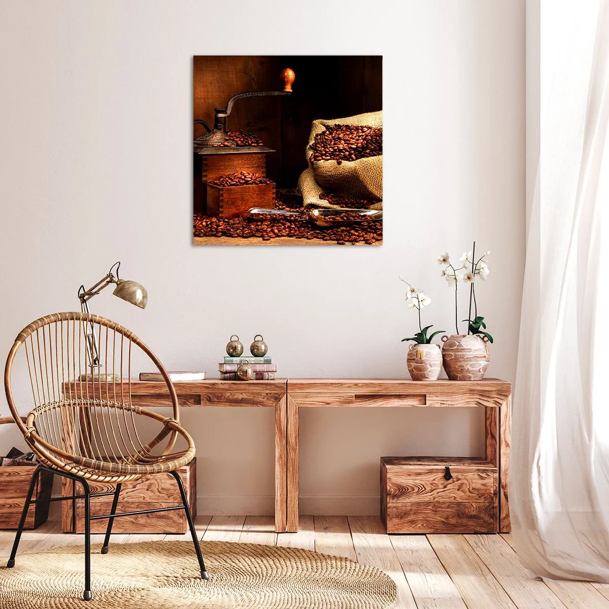 Impression sur toile - Image sur toile - Nature morte avec grains de café et moulin - 70x70 cm