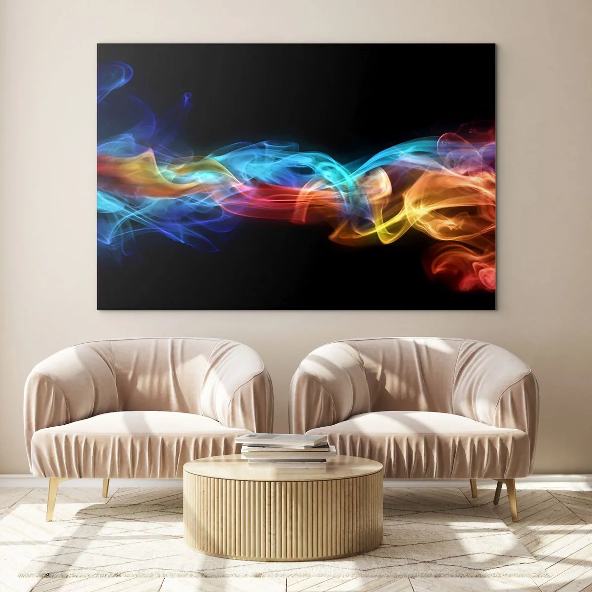 Impression sur verre - Image sur verre - Des traînées de fumée colorées sur un fond noir créant un motif abstrait - 100x70cm - Danse arc-en-ciel du brouillard - Décoration murale moderne pour le salon et la chambre ARTTOR