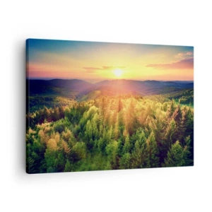 Impression sur toile - Image sur toile - Paysage forestier avec coucher de soleil sur les collines - 70x50cm - Monts et sommets - Décoration murale moderne pour le salon et la chambre ARTTOR