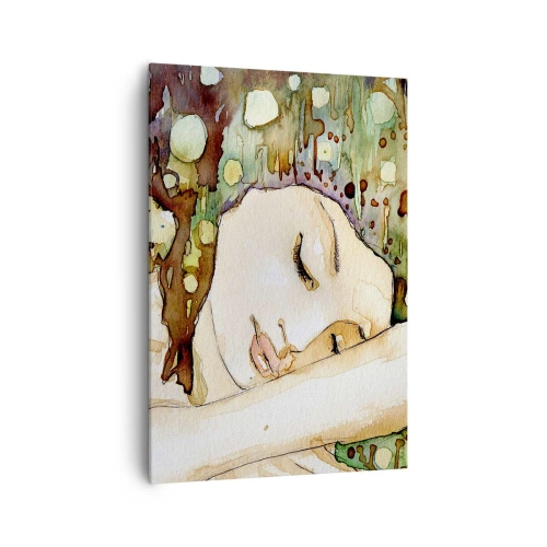 Impression sur toile - Image sur toile - Une femme rêvant entourée de formes et de couleurs abstraites. - 70x100cm - Un rêve violet émeraude - Décoration murale moderne pour le salon et la chambre ARTTOR