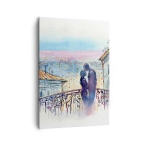 Impression sur toile - Image sur toile - Couple romantique sur un balcon avec vue sur la ville - 50x70cm - Amoureux de Paris - Décoration murale moderne pour le salon et la chambre ARTTOR