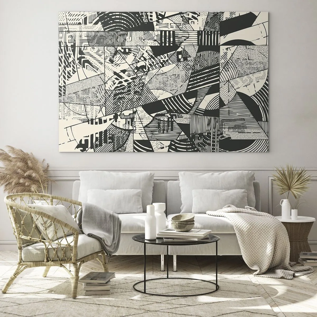 Impression sur verre - Image sur verre - Abstraction en noir et blanc avec des motifs géométriques dynamiques - 70x50cm - Dynamique du modernisme - Décoration murale moderne pour le salon et la chambre ARTTOR