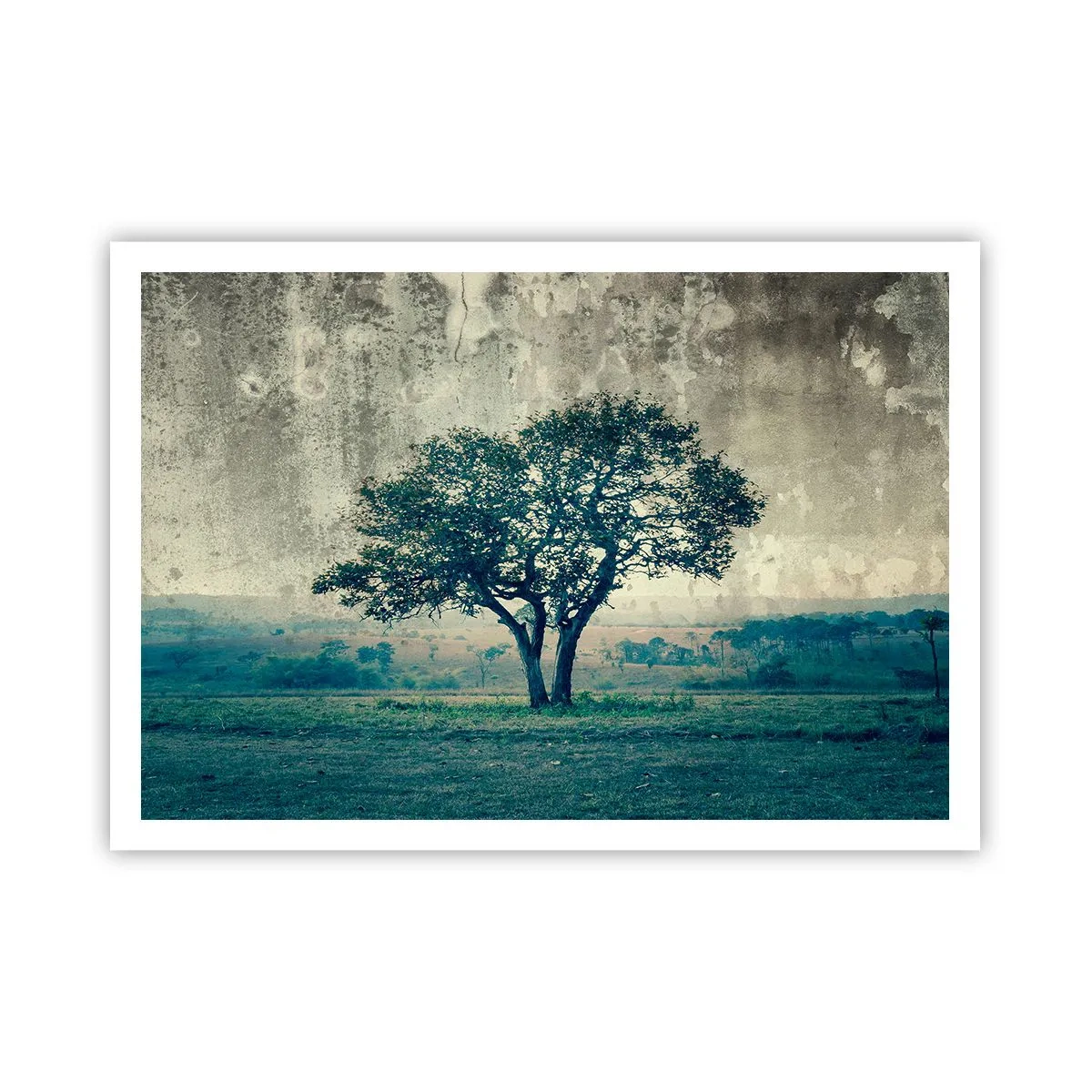 Affiche - Poster - Un arbre solitaire dans un paysage brumeux - 100x70cm - Un pommier sur un champ bleu ? - Décoration murale moderne pour le salon et la chambre ARTTOR