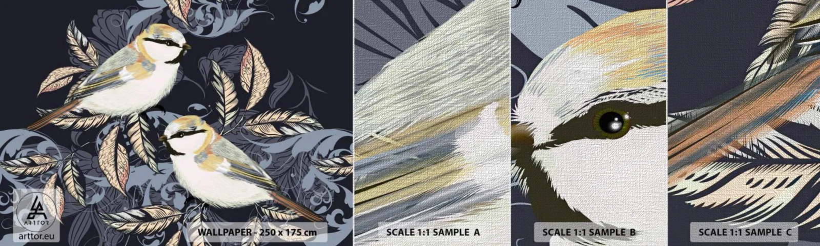 Échantillon de Papier Peint Premium Canvas - Babillement jaune et bleu - Abstraction, Des oiseaux, Feuilles - 100x30 cm