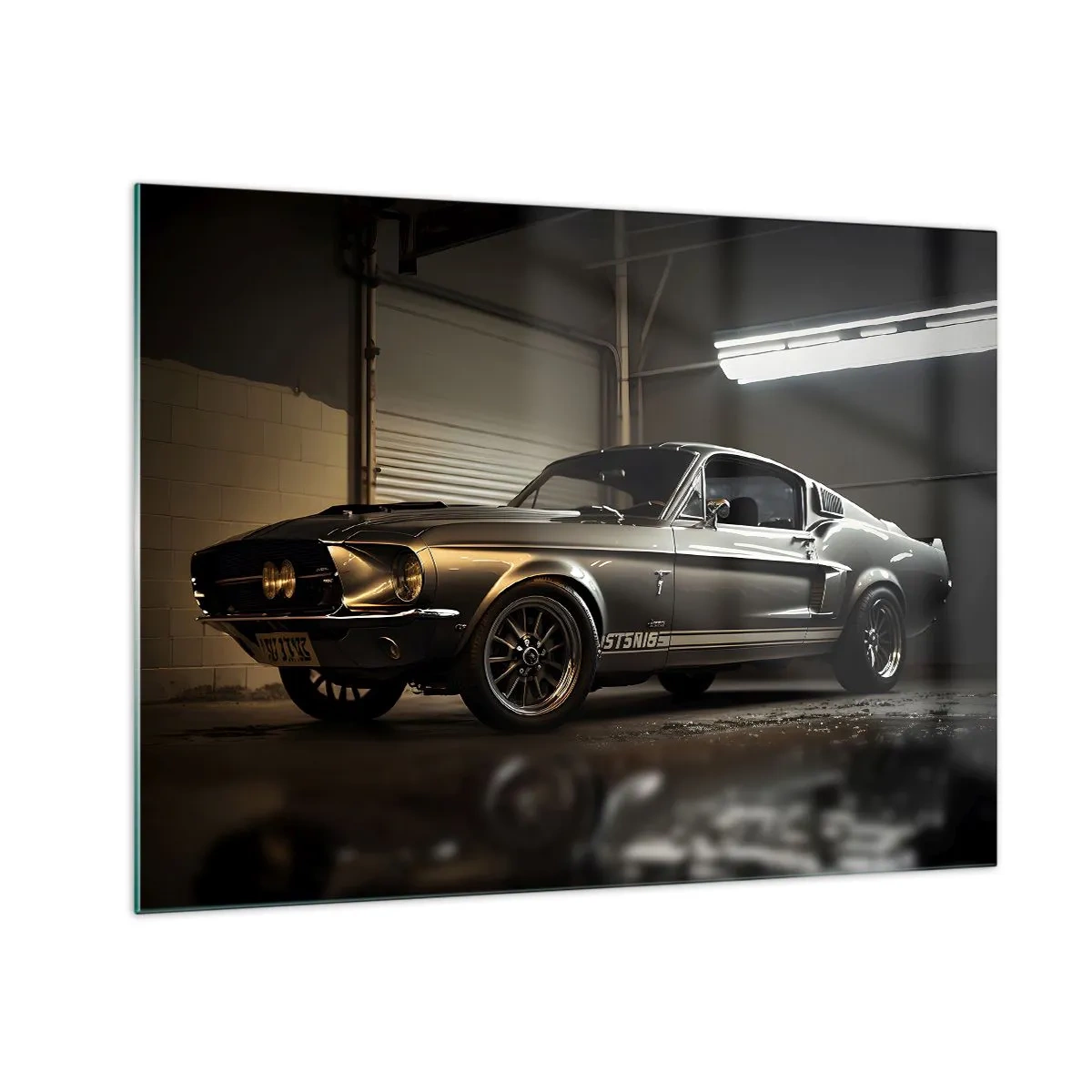 Impression sur verre - Image sur verre - Voiture classique dans un garage sous un éclairage industriel - 70x50cm - Retour dans le passé - Décoration murale moderne pour le salon et la chambre ARTTOR