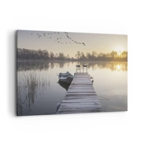 Impression sur toile - Image sur toile - Une jetée au bord du lac le matin avec un bateau et des chaises - 100x70cm - Je reviendrai - Décoration murale moderne pour le salon et la chambre ARTTOR