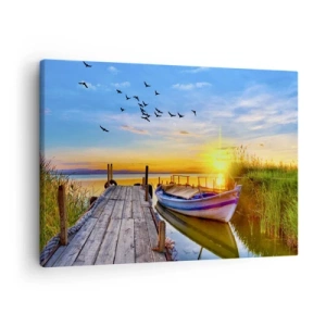 Impression sur toile - Image sur toile - Un bateau sur une jetée en bois au coucher du soleil - 70x50cm - Au revoir, à demain - Décoration murale moderne pour le salon et la chambre ARTTOR
