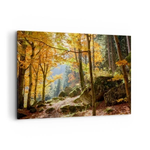 Impression sur toile - Image sur toile - Une forêt d'automne pleine de feuilles dorées et de soleil - 100x70cm - Il est temps de se détendre - Décoration murale moderne pour le salon et la chambre ARTTOR