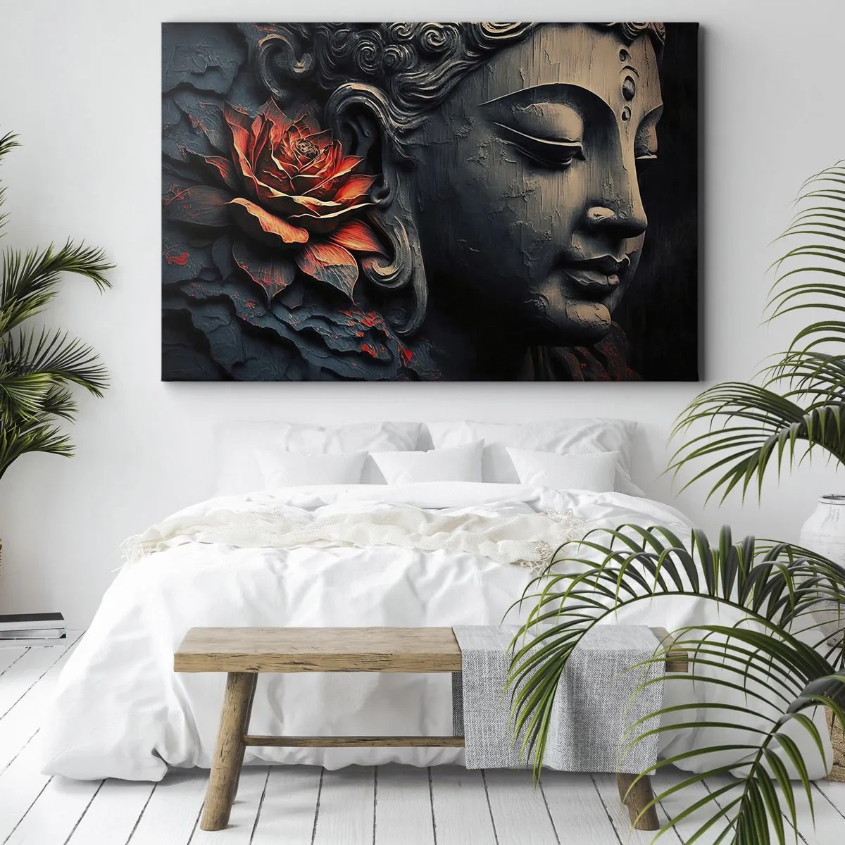 Impression sur toile - Image sur toile - Sculpture de Bouddha avec une fleur de lotus rouge - 100x70cm - En harmonie avec le monde - Décoration murale moderne pour le salon et la chambre ARTTOR