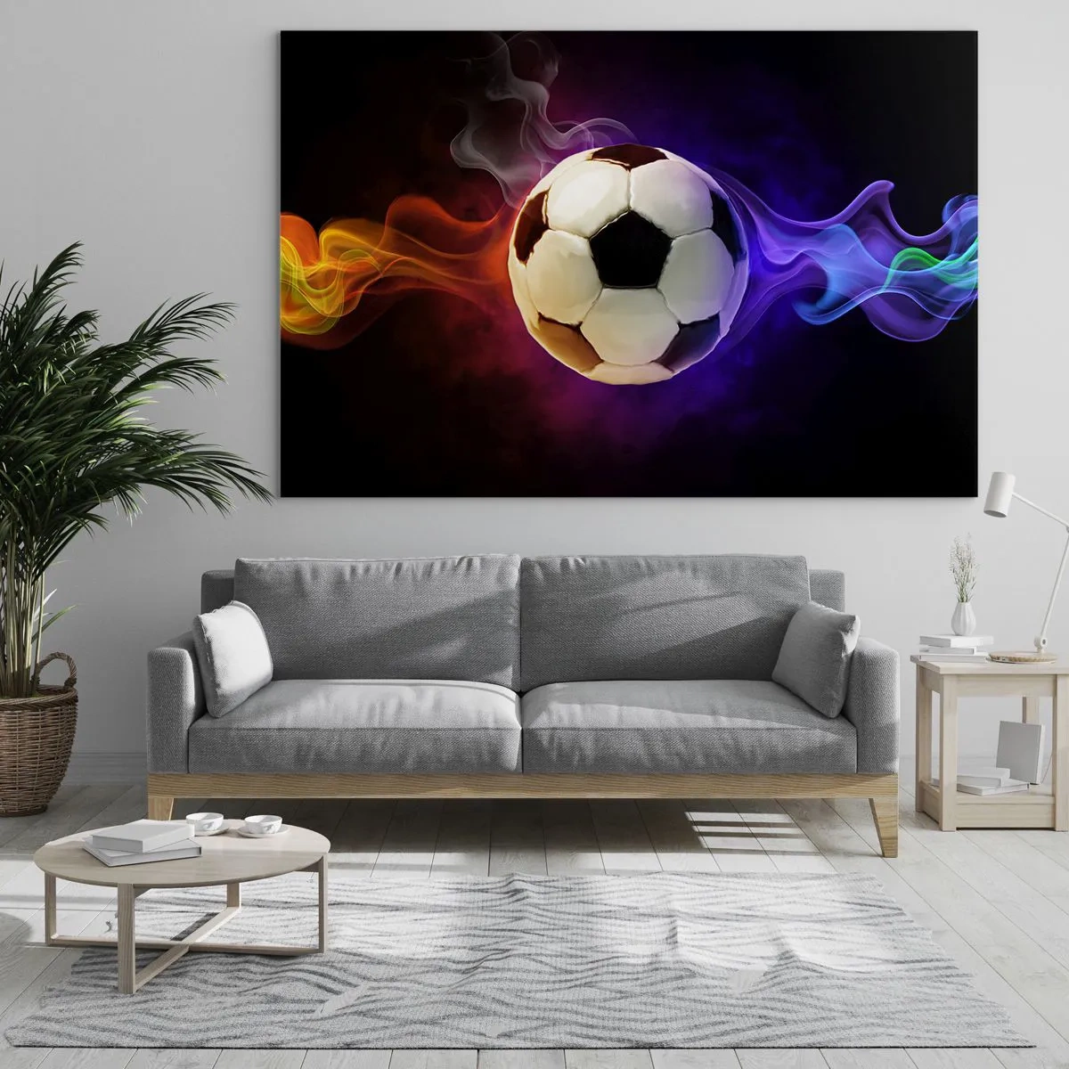 Impression sur verre - Image sur verre - Un ballon de football entouré de stries colorées - 120x80cm - Le pouvoir magique du jeu - Décoration murale moderne pour le salon et la chambre ARTTOR