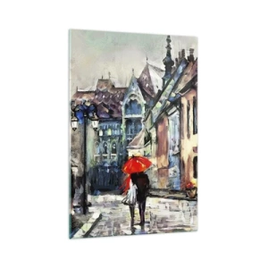 Impression sur verre - Image sur verre - Une charmante rue de la ville avec un couple sous un parapluie rouge - 70x100cm - Pluie pour deux - Décoration murale moderne pour le salon et la chambre ARTTOR