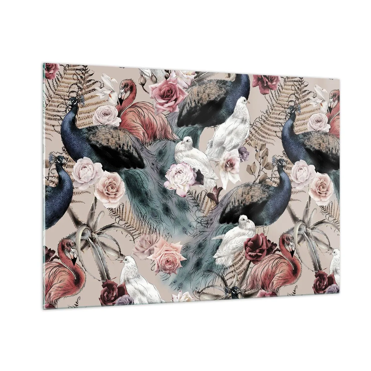 Impression sur verre - Image sur verre - Paons et flamants roses entourés de roses et de fougères - 100x70cm - Dans un jardin de palace - Décoration murale moderne pour le salon et la chambre ARTTOR