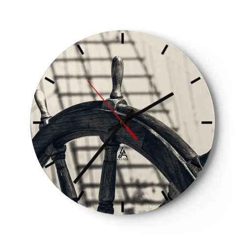 Horloge murale - Pendule murale - Un gouvernail de navire en sépia avec des voiles en arrière-plan - 30x30cm - Histoires de mer - Décoration murale moderne pour le salon, la cuisine et la chambre ARTTOR
