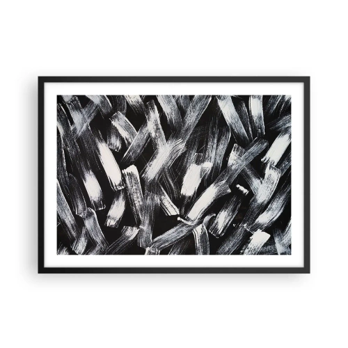 Affiche dans un cadre noir - Poster - Abstraction dynamique avec des coups de pinceau blancs sur fond noir. - 70x50cm - L'abstraction dans l'esprit industriel - Décoration murale moderne pour le salon et la chambre ARTTOR