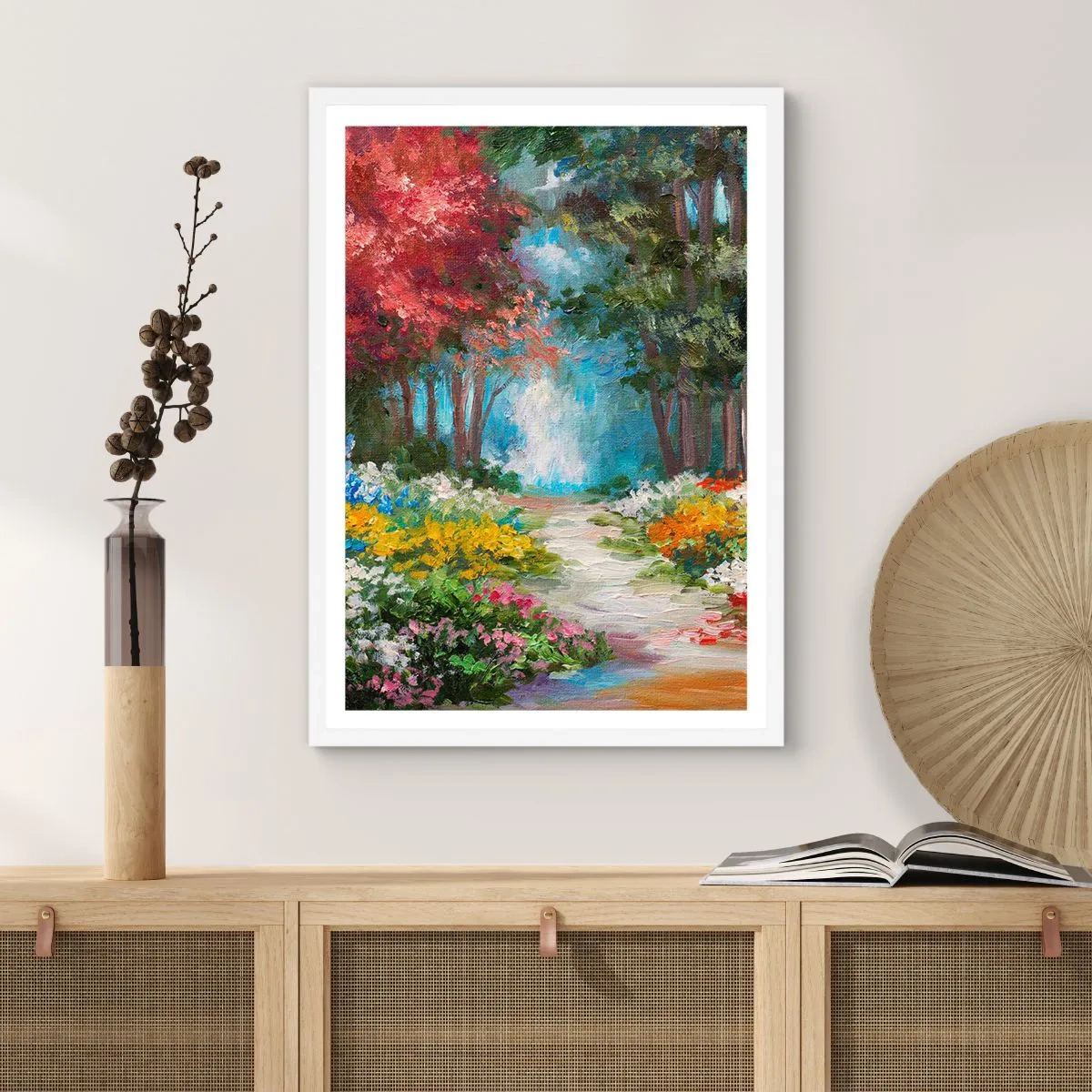 Affiche dans un cadre blanc - Poster - Jardin forestier, forêt de fleurs - 30x40 cm