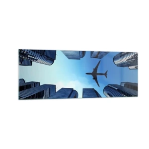 Impression sur verre - Image sur verre - Un avion survolant des gratte-ciels modernes dans le centre-ville. - 140x50cm - La vue depuis le ravin de verre - Décoration murale moderne pour le salon et la chambre ARTTOR