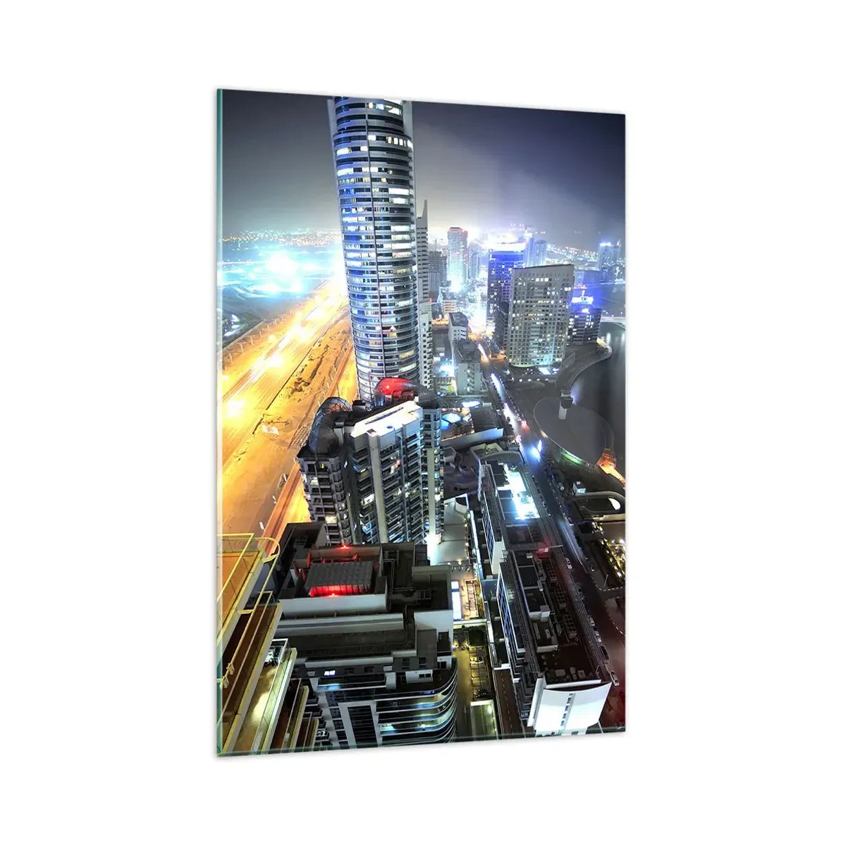 Impression sur verre - Image sur verre - Panorama de la ville nocturne avec des gratte-ciel illuminés - 80x120cm - Un miracle dans le désert - Décoration murale moderne pour le salon et la chambre ARTTOR