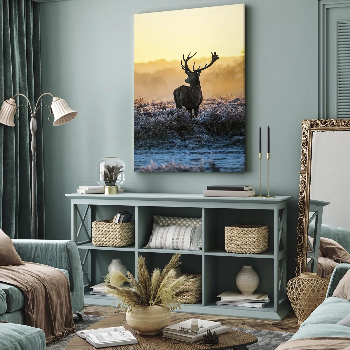 Impression sur toile - Image sur toile - Un cerf dans une clairière gelée au lever du soleil - 50x70cm - Couronné pour sa succession - Décoration murale moderne pour le salon et la chambre ARTTOR