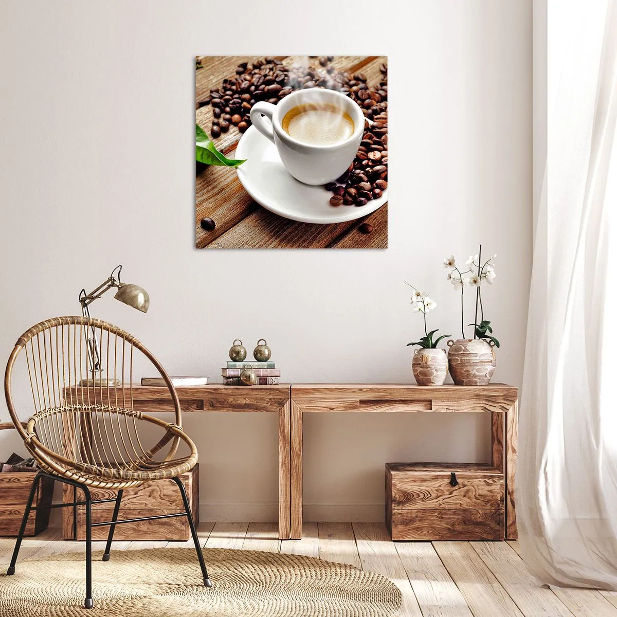 Impression sur toile - Image sur toile - Café sur un banc - 60x60 cm