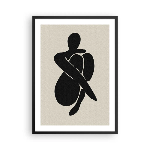 Affiche dans un cadre noir - Poster - Figure abstraite dans une pose avec les bras enroulés autour du corps, illustration en noir et blanc - 50x70cm - Dans ses propres bras - Décoration murale moderne pour le salon et la chambre ARTTOR