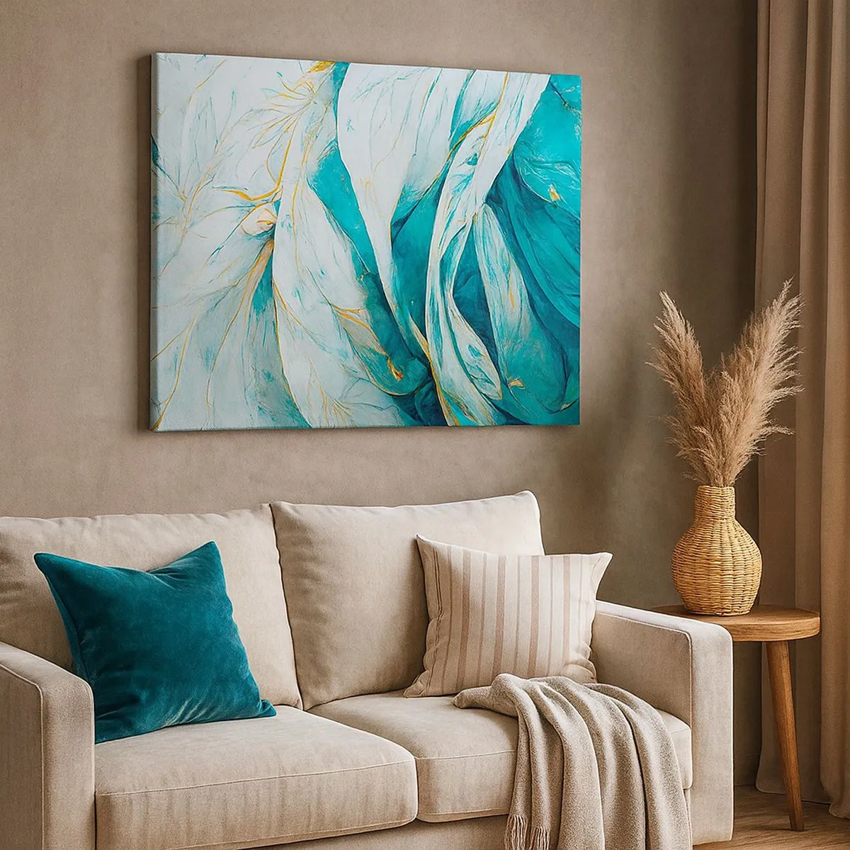 Impression sur toile - Image sur toile - Feuilles bleues abstraites avec des détails dorés - 70x50cm - Abstraction bleue avec un motif doré - Décoration murale moderne pour le salon et la chambre ARTTOR