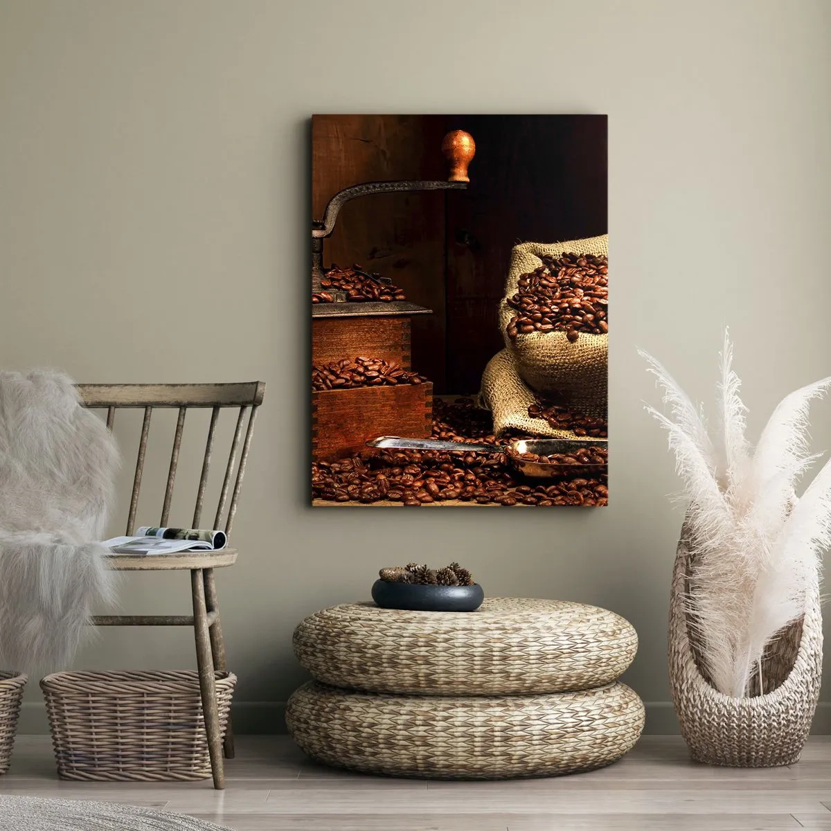 Impression sur toile - Image sur toile - Nature morte avec grains de café et moulin - 65x120 cm