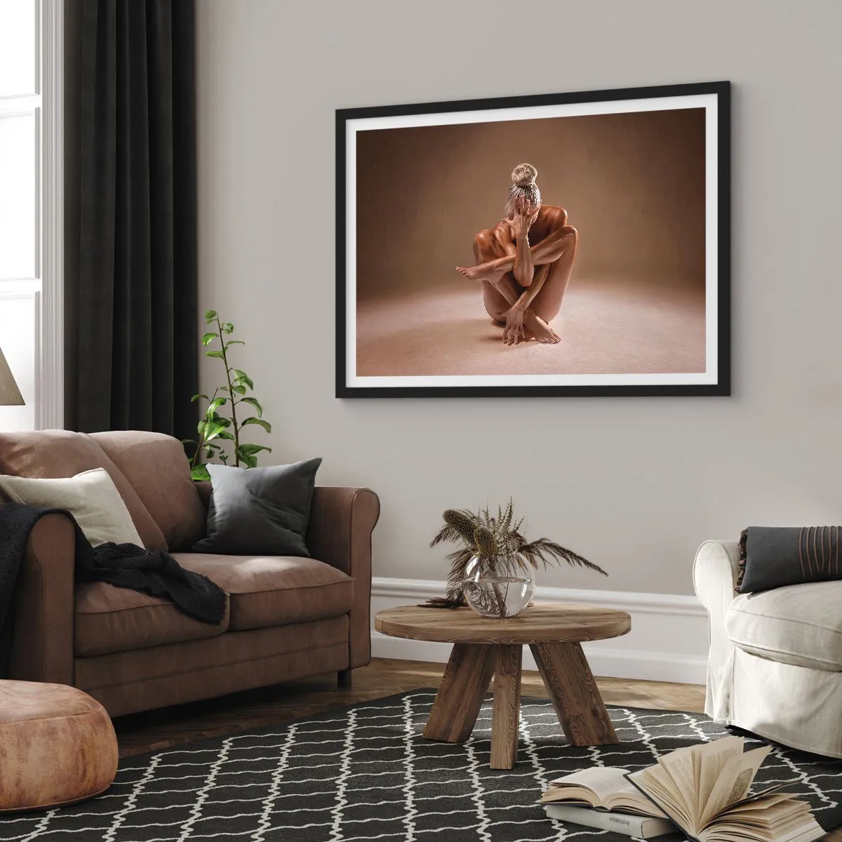 Affiche dans un cadre noir - Poster - Silhouette artistique d'une femme sur fond beige - 100x70cm - Unité du corps et de l'âme - Décoration murale moderne pour le salon et la chambre ARTTOR